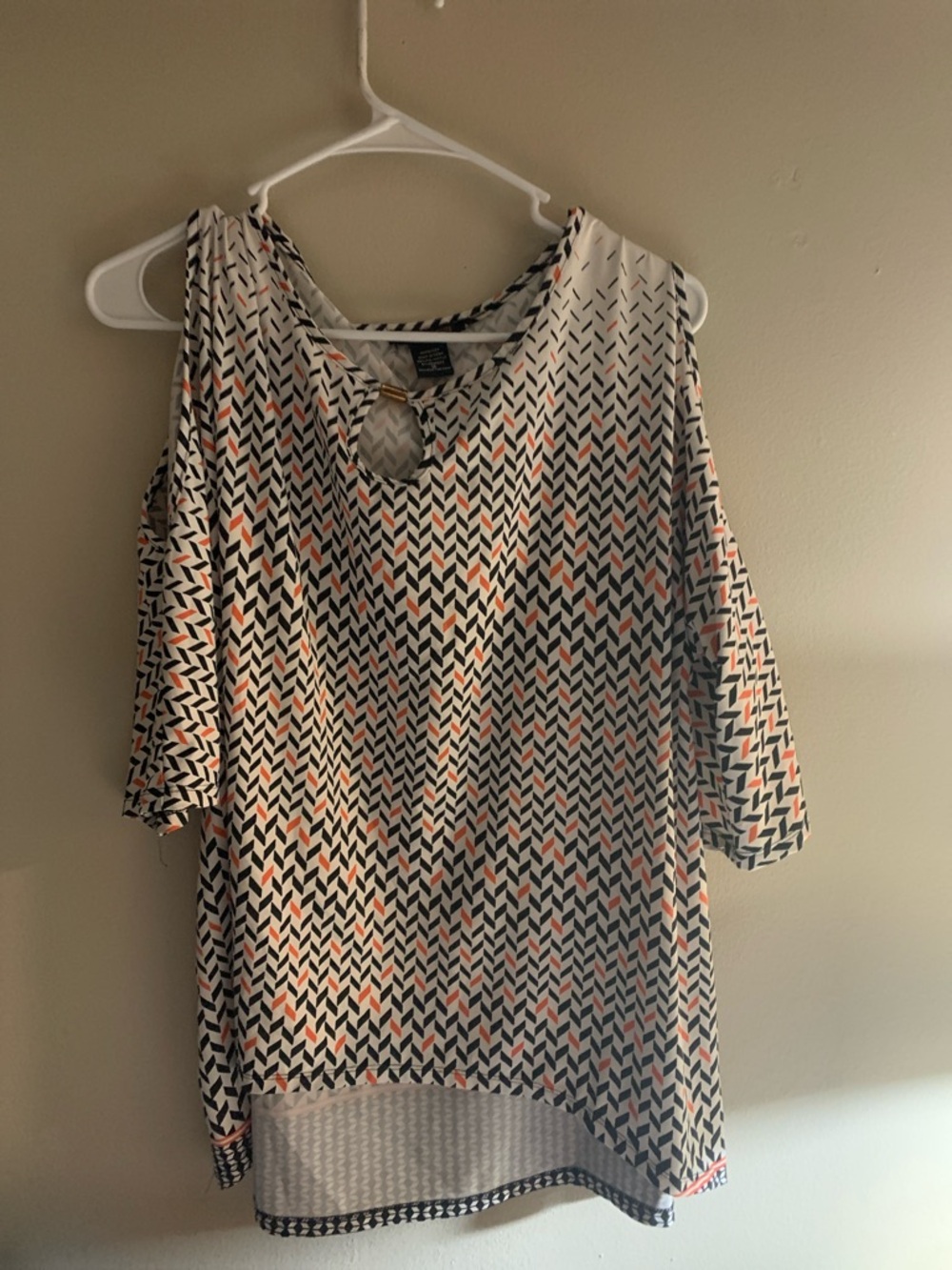 Robert Louis Cream Geometric Cold-Shoulder Top with Navy and Coral Accents